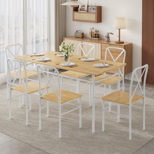 VECELO 7-Piece Dining Table Set for 6, Wood Dinette with Chairs, Natural White
