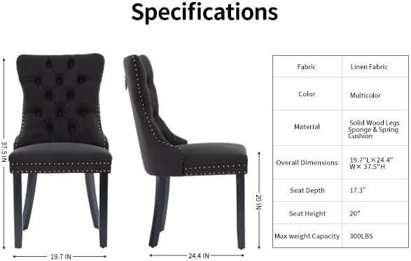 Black Upholstered Tufted Linen Fabric Dining Room Chairs - Set of 4, High Back, Nailhead Trim, Solid Wood Legs - Modern Dining Chairs