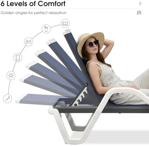 PURPLE LEAF Lounge Chair Outdoor Set of 2 w/Armrest for Poolside Navy Blue | ...