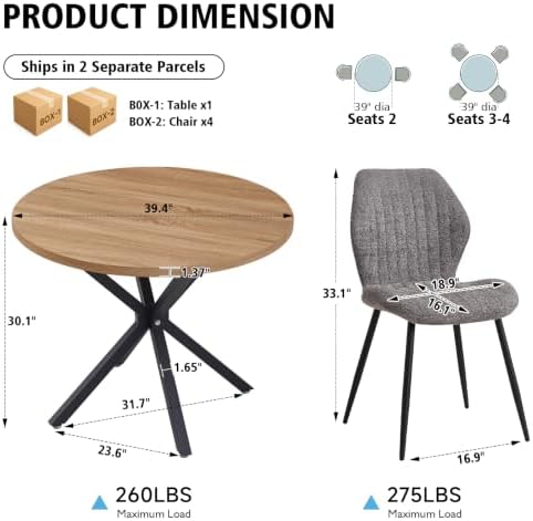 39" Round Dining Table Set for 4, Brown Table & 4 Gray Chair