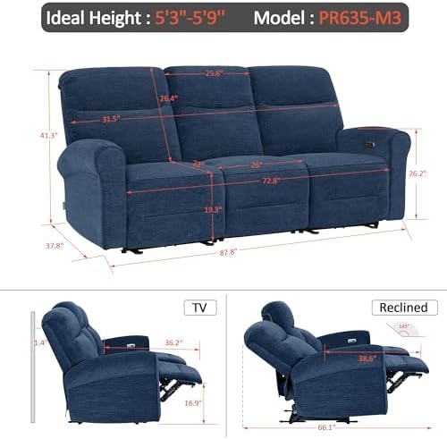 MCombo 87.8" Wall Hugger Power Reclining Sofa with Drop Down Table, 3-Se...