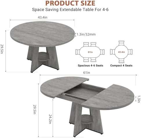 Extendable Dining Table, Round Kitchen Dining Room Dinner Table with for 4 6 ...