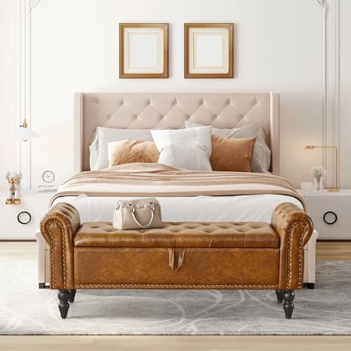 Furniliving Storage Ottoman Bench, Leather Benches End of Bed Bench with Soli...