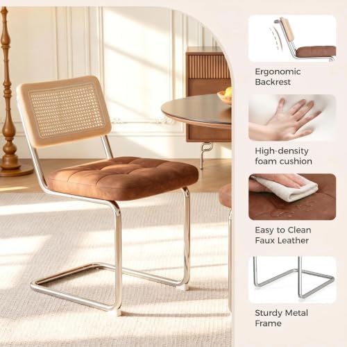 Rattan Dining Chairs, Faux Leather Dining Chairs Set of 4, Brown