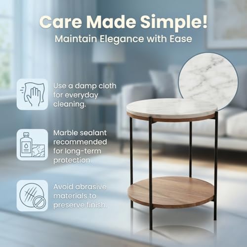 Lyra Round Marble End Table – Solid Acacia Wood Shelf, Open Storage Side Tabl...