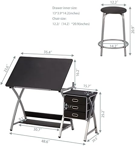 Adjustable Drafting Table for Artists with Stool, Sturdy X-Cross Metal Frame ...