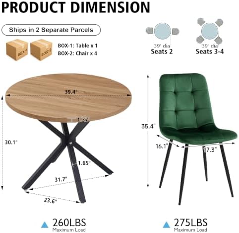 39" Round Dining Table Set for 4(Brown Table+4 Green Chairs) | Mid Centu...