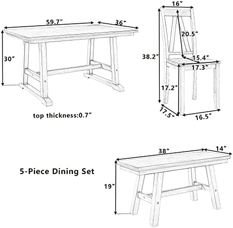 6-Piece Dining Table Set, 4 Chairs + Long Bench, Farmhouse, Gray