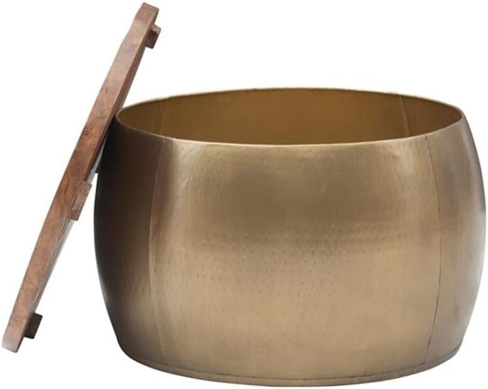 MAKLAINE Large Hammered Metal Drum Table with Storage, Brass Finish, Solid Ma...
