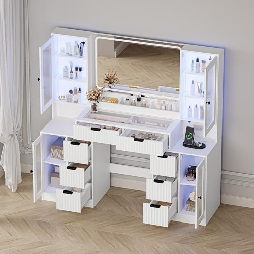 Fluted Makeup Vanity Desk with Mirror and Lights, 55" Glass Top Vanity w...