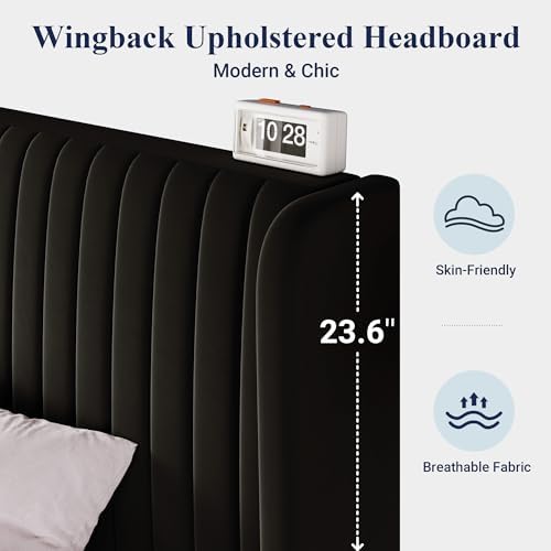 Allewie Full Size Velvet Bed Frame/Vertical Channel Tufted Wingback Headboard...