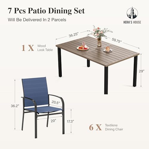 HERA'S HOUSE 7pc Patio Dining Set, Outdoor Wood-Like Metal Table & 6 ...