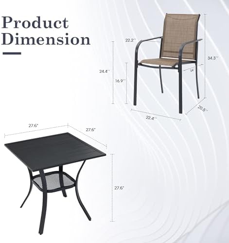 3 Pieces Outdoor Dining Set, Stackable Textilene Paito Chairs & 27.5&quot...