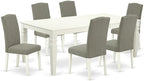 East West Furniture LGEN7-LWH-06 7 Piece Dining Room Table Set Consist of a Rectangle Kitchen Table with Butterfly Leaf and 6 Dark Shitake Linen Fabric Parson Chairs, 42x84 Inch, Linen White