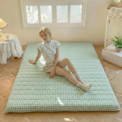 Green Gingham Japanese Floor Mattress, Twin Size 39" x 80", 3.5" Thick | High Density Foam Futon Mattress, Foldable Tatami Sleeping Pad, Farmhouse Style Roll Up Floor Bed for Dorm Guest Room
