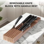 Expandable Bamboo Silverware Organizer with Knife Block, Brown | 12.6-21.45 x 16.3 x 2.13 in, Holds 7 Knives, Removable Knife Block, Adjustable Dividers, Drawer Insert for Utensils, Forks