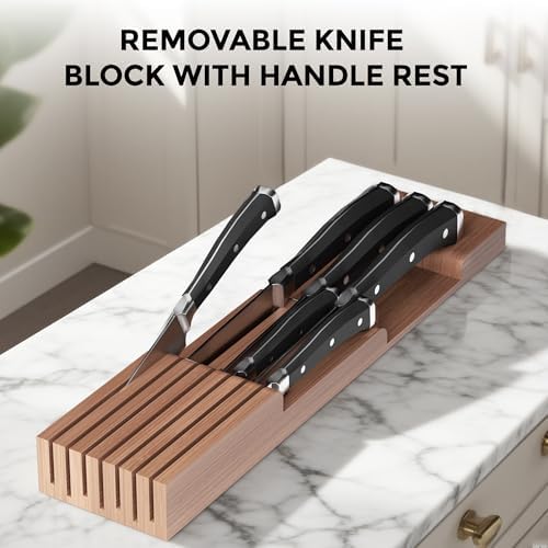 Expandable Bamboo Silverware Organizer with Knife Block, Brown | 12.6-21.45 x 16.3 x 2.13 in, Holds 7 Knives, Removable Knife Block, Adjustable Dividers, Drawer Insert for Utensils, Forks