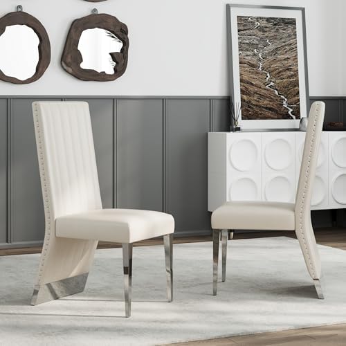 AUZ Modern White Leather Dining Chairs with Silver Mirrored Legs, Set of 2 | ...