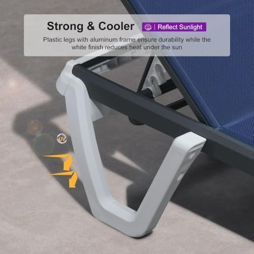 PURPLE LEAF Pool Lounge Chairs Set of 2 Chaise Lounge w/Wheel, Navy Blue | 5 Angles Perfect Comfort, Side Table Holds Drinks & Snacks, Flexible Sets Fit Any Layout, Silent Wheels for Easy Moving