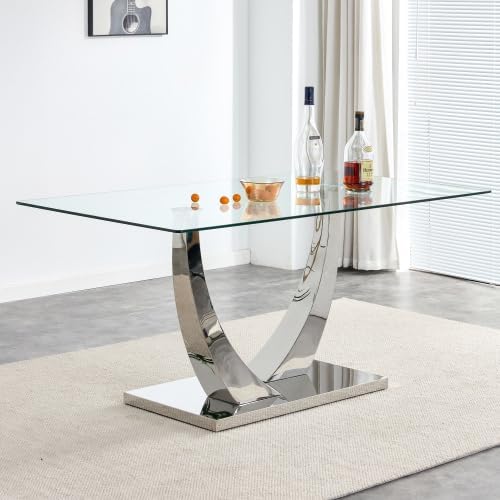 Modern Silver Dining Table, 63" Dining Room Table for 4-6 with Heavy Dut...