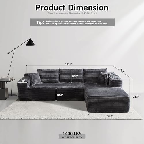 ovios 104" Cloud Couch with L-Shape Chaise,Modern Sectional Modular Sofa...