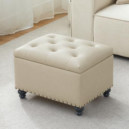 Zihanhome Leather Ottoman with Storage, Upholstered Button Tufted Ottoman Foot Rest, Foot Stools, 24" Rectangle Ottomans with Storage for Living Room, Bedroom, Dorms and Apartments (Beige-PU)