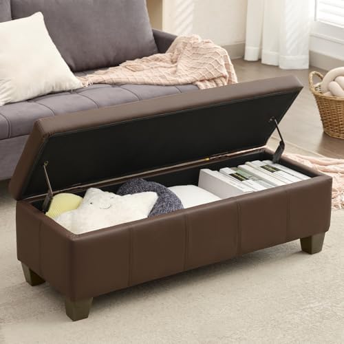 51 Inch Storage Ottoman, Storage Bench with Safety Hinge, Upholstered Synthet...