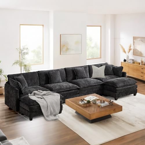 SoarFlash 149.61" Chenille U Shaped Modular Sofa with Ottoman,Black
