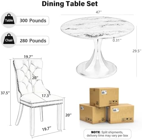 5-Piece Dining Table Set for 4 with 47 In Black Faux Marble Round Table
