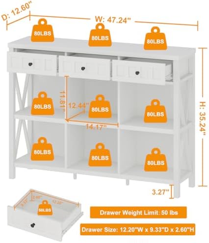 FATORRI 6 Cube Storage Organizer Bookshelf with 3 Drawers, 47 Inch Long Horiz...