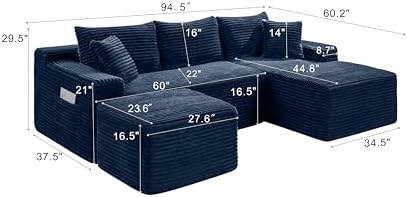 Blue Oversized Sectional Couches with Ottoman. Right Face Chaise | L shaped m...