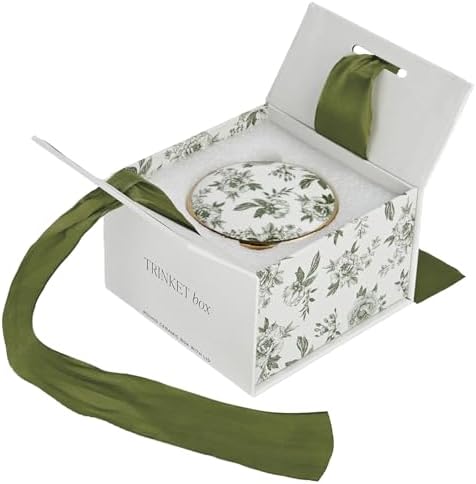 Sweet Water Decor Green Delft Round Trinket Box, Jewelry Storage for Bathroom Counter or Nightstand, Ring Holder for Bridal Shower, Wedding, or Home, Elegant Jewelry Holder & Organizer for Women