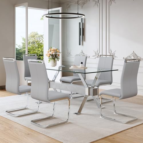 71" Glass Dining Table Set for 6｜Modern Dining Table Set for 6 with Faux...