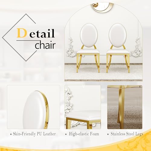 70" Marble Dining Table Set for 6 Gold Base with Kitchen Chairs | Faux M...