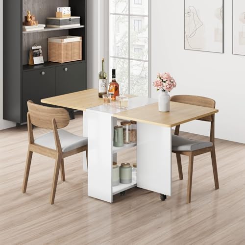 IDEALHOUSE FoldingTable, Drop Leaf Dining Table with 6 Wheels and 2-Layer Sto...