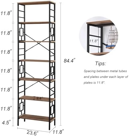 HOMISSUE Tall Bookshelf, 84 Inch Industrial Bookshelf with Metal Frame and Op...