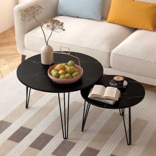 2 Piece Nesting Round Side Tables, Faux Marble Surface Nesting Coffee Table |...