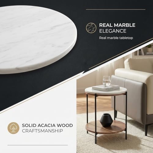 Lyra Round Marble End Table – Solid Acacia Wood Shelf, Open Storage Side Tabl...