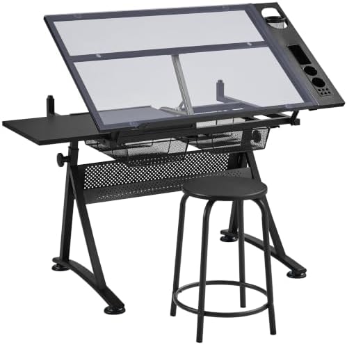 Yaheetech Glass Drafting Table & Stool, Drawing Table for Artists, Black