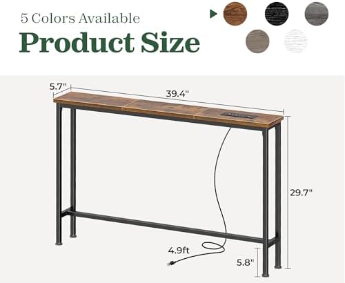SUPERJARE 39.4 inch Narrow Behind Couch Table with Charging Stations | Power ...
