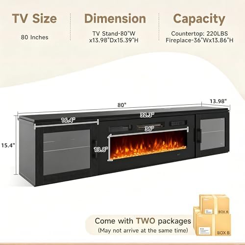 80" Floating TV Stand with 36" Electric Fireplace, Brown & Blac...