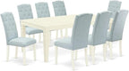 East West Furniture LGCE9-LWH-15 9 Piece Dining Room Table Set Includes a Rectangle Kitchen Table with Butterfly Leaf and 8 Baby Blue Linen Fabric Parsons Chairs, 42x84 Inch, Linen White