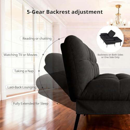 COMHOMA 72″ Convertible Futon Sofa Bed, Adjustable Backrest, Black | Breathab...