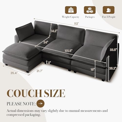ROWHY 112'' Modular Sectional Cloud Couch with Movable Ottoman, 4 Sea...