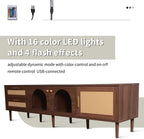 Rattan TV Stand for 75 Inch TV LED Light Modern Farmhouse Media Console with Solid Wood Legs Multi-Functional Storage & Cable Management Easy Assembly Entertainment Center for Living Room Home