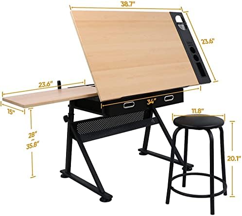 JupiterForce Drafting Table Art Desk with 2 Storage Drawers, Height Adjustabl...