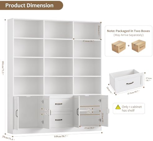 HOSTACK 71" Tall Triple Wide Bookshelf with Storage Drawers & Doors,...