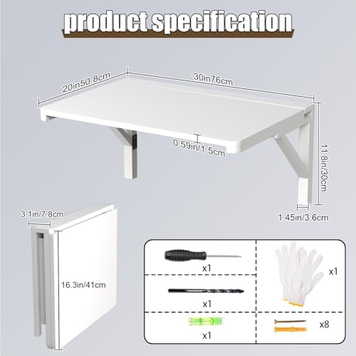 MM MELISEN Wall Mounted Folding Table, 29.5"L x 19.6"W, White, Spac...