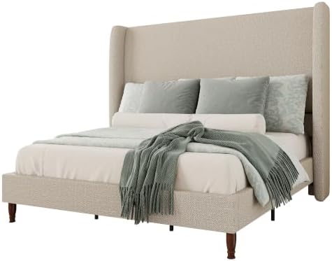 Jocisland King Bed Frame Linen Upholstered Wingback Headboard, Brown