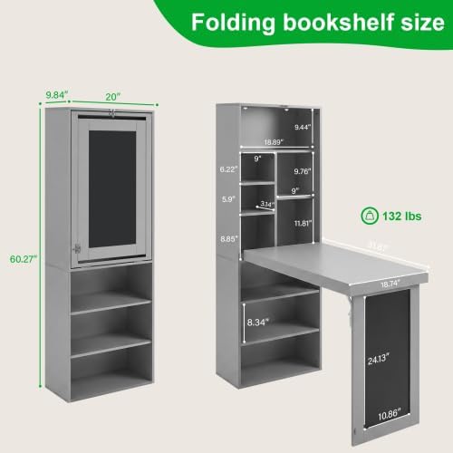 Fold-Out Desk Craft Table, Wall Mounted Desk Cabinet with Chalkboard | Multi-...